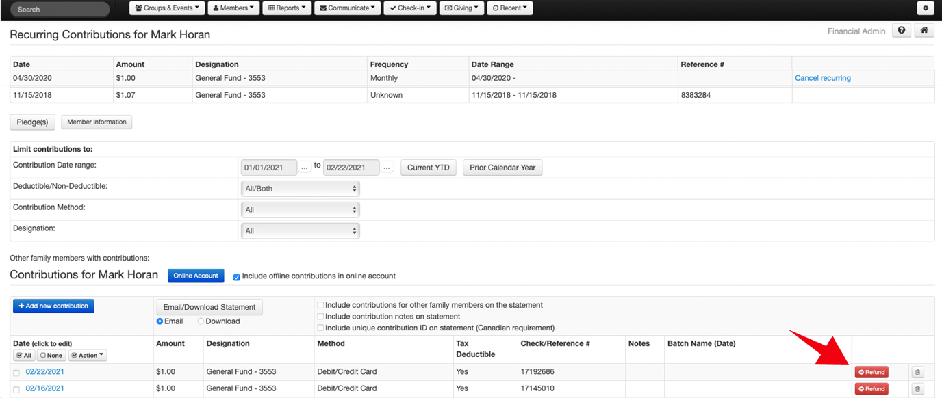 How do I refund an online donation or stop a recurring transaction?